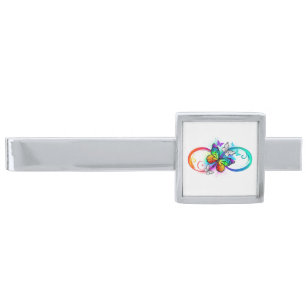Bright infinity with rainbow butterfly silver finish tie bar