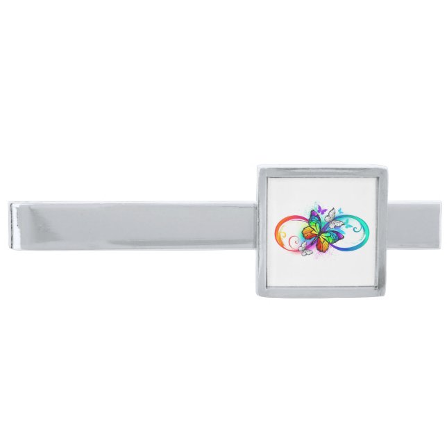 Bright infinity with rainbow butterfly  silver finish tie bar (Front)