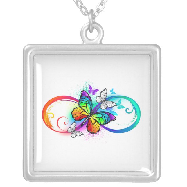 Bright infinity with rainbow butterfly  silver plated necklace (Front)