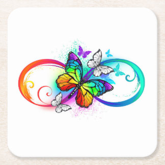 Bright infinity with rainbow butterfly square paper coaster