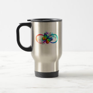 Bright infinity with rainbow butterfly travel mug