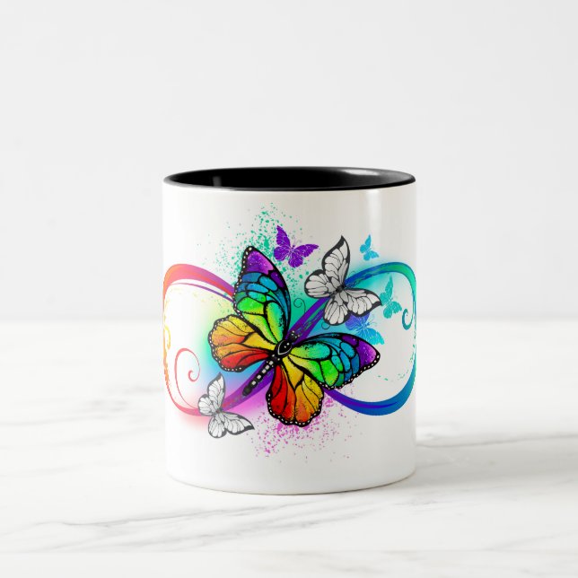 Bright infinity with rainbow butterfly Two-Tone coffee mug (Center)
