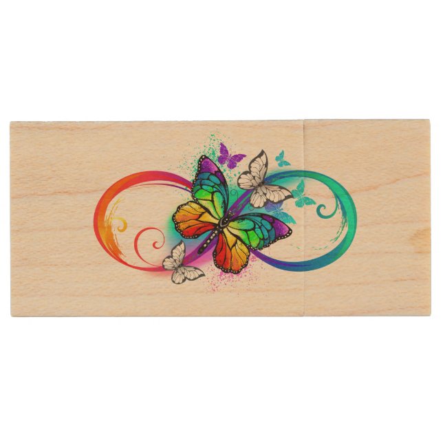 Bright infinity with rainbow butterfly wood flash drive (Front)