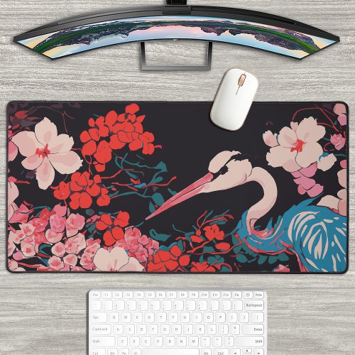 Bright Japanese Crane Bird  Sakura Cherry Blossom Desk Mat