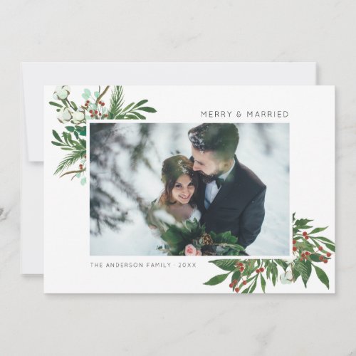 Bright Joy  Merry  Married Mistletoe Sprig Photo Holiday Card