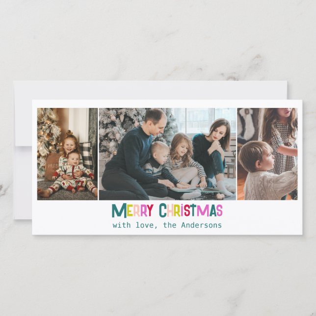 Bright & Joyful Merry Christmas 3 Photo Pine Green Holiday Card (Front)