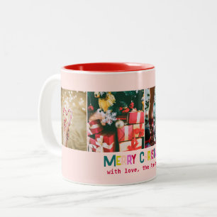 Bright & Joyful Merry Christmas 4 Photo Blush Pink Two-Tone Coffee Mug