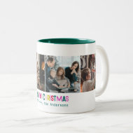 Bright & Joyful Merry Christmas 4 Photo Pine Green Two-Tone Coffee Mug