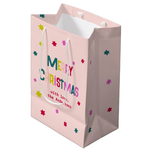 Bright & Joyful Merry Christmas Personalized Pink Medium Gift Bag (Front Angled)