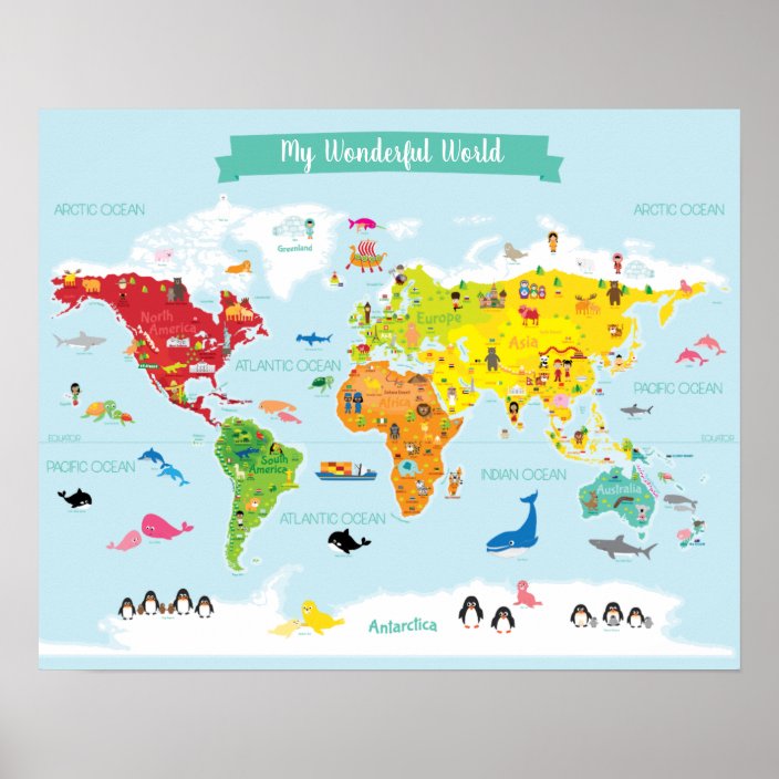 Bright Kids World Map With Illustrations Poster Zazzle Com