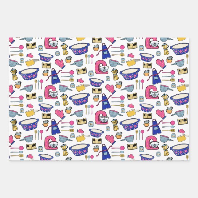 Bright Kitchen Utensils Chef Baker pattern Wrapping Paper Sheets (Front)