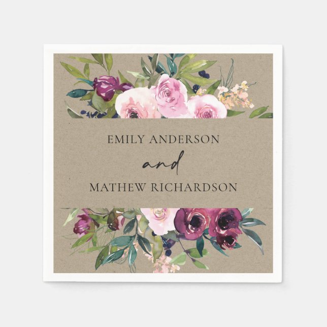 BRIGHT KRAFT BLUSH BURGUNDY FLORAL BUNCH WEDDING NAPKINS (Front)
