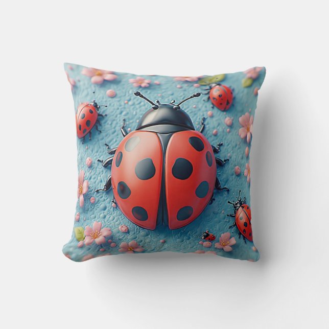 Bright Ladybugs Among Sakura Blossoms  Throw Pillow (Front)
