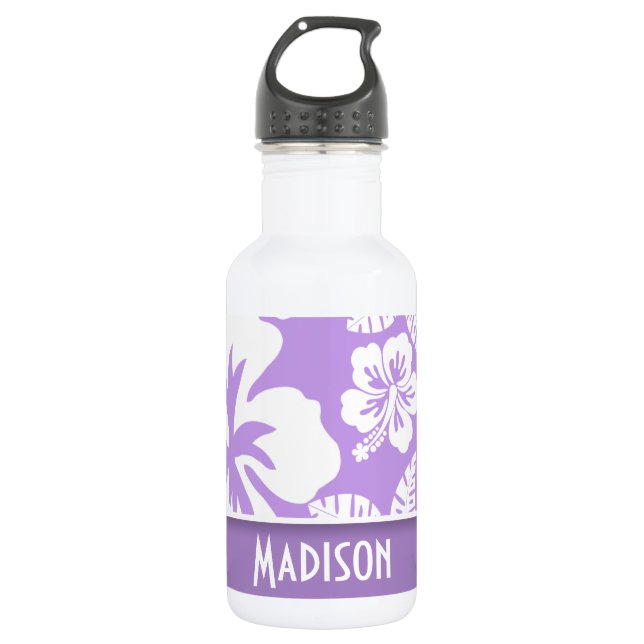 Bright Lavender Tropical Hibiscus; Personalized Stainless Steel Water Bottle (Front)