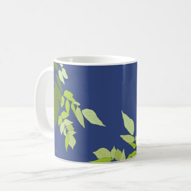 Bright Leaves on Blue Coffee Mug (Front Left)