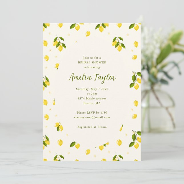 Bright Lemon Citrus Fruit Summer Bridal Shower Invitation (Standing Front)