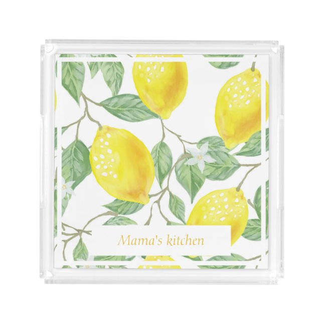 Bright Lemons and Leaves Yellow and Green Custom Acrylic Tray (Front)