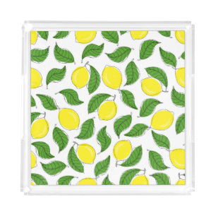 Bright Lemons Green Leaves Pattern Acrylic Tray