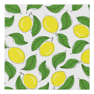 Bright Lemons Green Leaves Pattern Faux Canvas Print