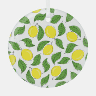 Bright Lemons Green Leaves Pattern Glass Ornament