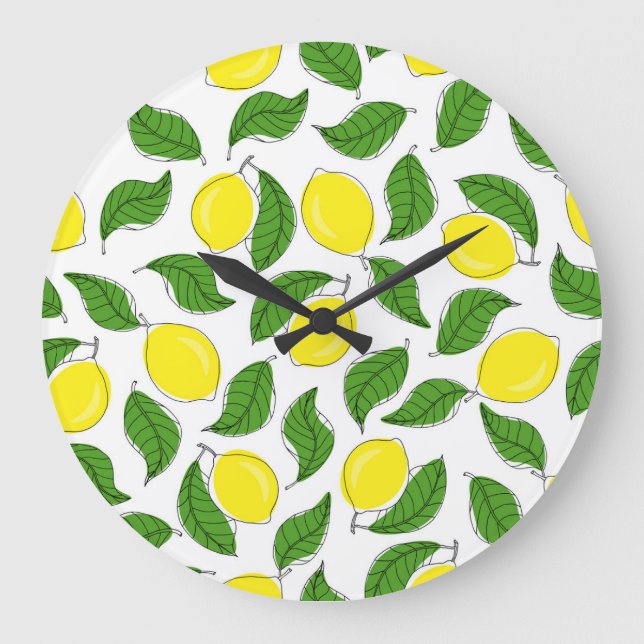 Bright Lemons Green Leaves Pattern Large Clock (Front)