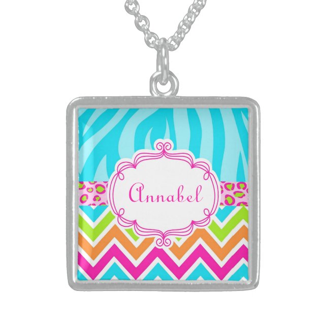 Bright Leopard Zebra Print Chevron Monogram Name Sterling Silver Necklace (Front)