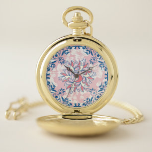 Bright Life, Pink and Blue Floral Ornament Pocket Watch