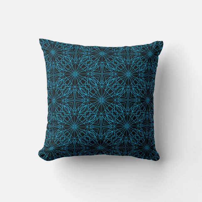 Bright Light Blue Black Geometric Symmetry Pattern Throw Pillow (Front)