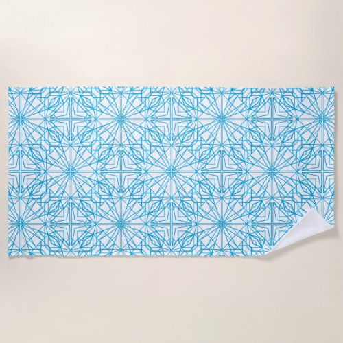 Bright Light Blue White Geometric Symmetry Pattern Beach Towel