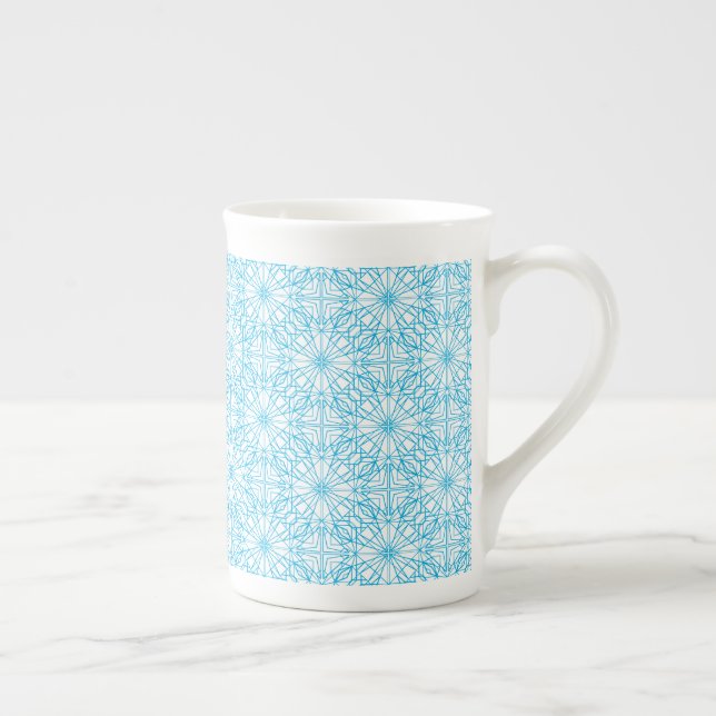 Bright Light Blue White Geometric Symmetry Pattern Bone China Mug (Right)