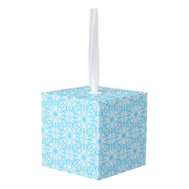 Bright Light Blue White Geometric Symmetry Pattern Cube Ornament (Back Angled)