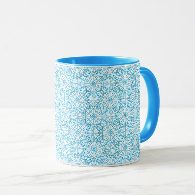 Bright Light Blue White Geometric Symmetry Pattern Mug (Front Right)