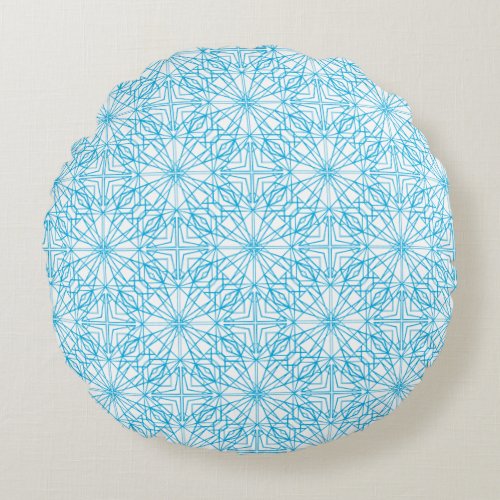 Bright Light Blue White Geometric Symmetry Pattern Round Pillow