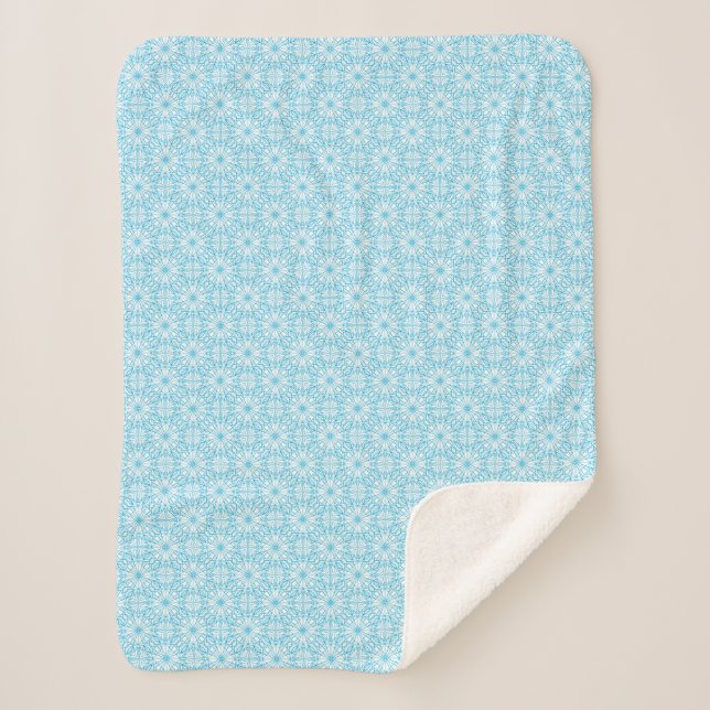 Bright Light Blue White Geometric Symmetry Pattern Sherpa Blanket (Front)