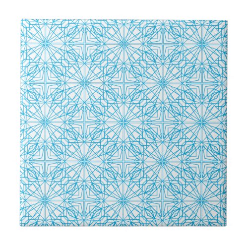 Bright Light Blue White Geometric Symmetry Pattern Tile