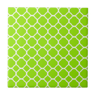 Bright Lime Green and White Quatrefoil Pattern Tile