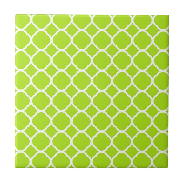 Bright Lime Green and White Quatrefoil Pattern Tile (Front)