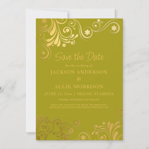 Bright Lime Green Gold Flourish Photo Wedding Save The Date