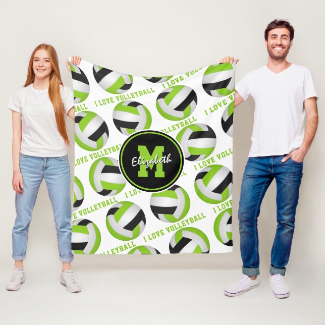 bright lime green I love volleyball text pattern Fleece Blanket (In Situ)