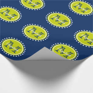 Bright Lime Green Polka Dot Monogram on Navy Blue Wrapping Paper