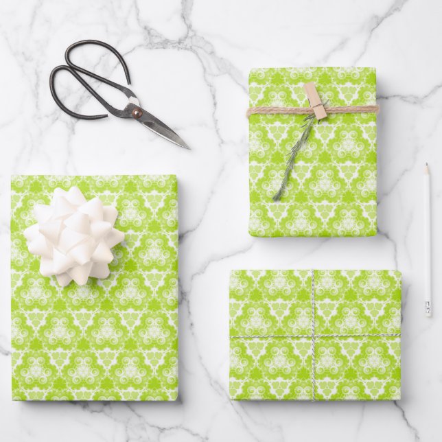Bright Lime Green Spiral Pattern Wrapping Paper Sheets (Front)