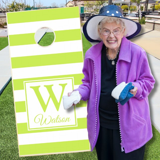 Bright Lime Green Stripes Monogrammed  Cornhole Set (Creator Uploaded)