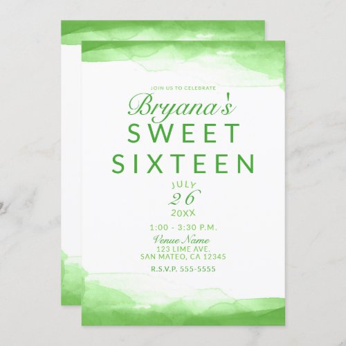 Bright Lime Green Watercolor Chic Sweet 16 Party Invitation