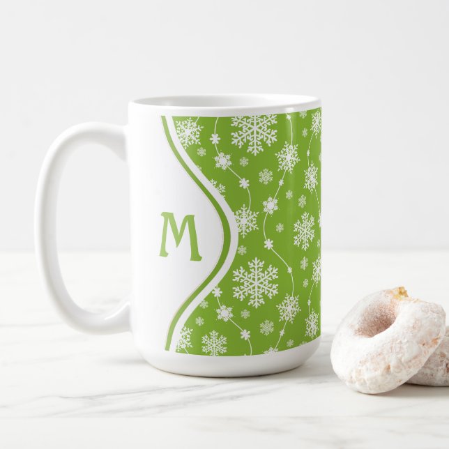 Bright Lime Green Winter White Snowflake Monogram Coffee Mug (With Donut)