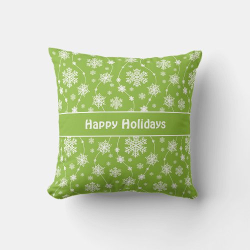 Bright Lime Green Winter White Snowflake Monogram Throw Pillow