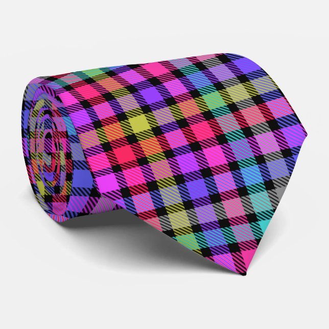 Bright Madras Plaid Rainbow Check Neck Tie (Rolled)