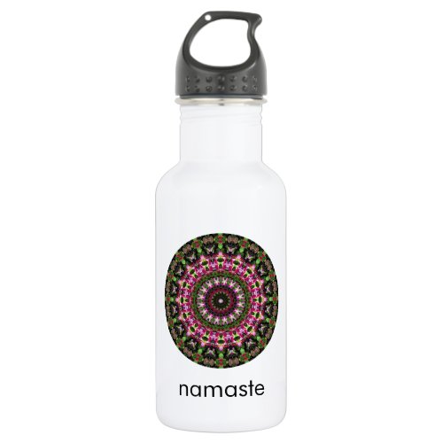 Bright Magenta and Green Mandala Art Namaste Water Bottle