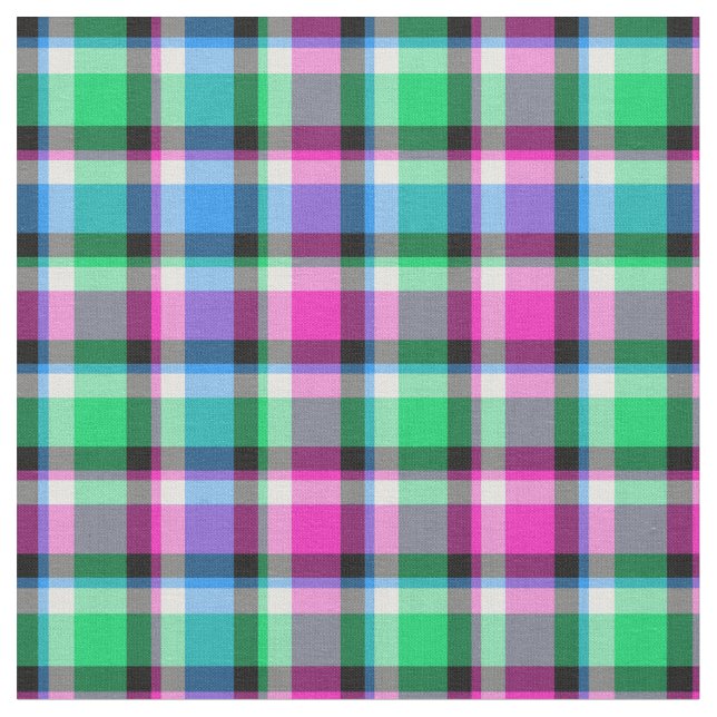 Bright Magenta, Green, and Blue Plaid Fabric (Close Up)