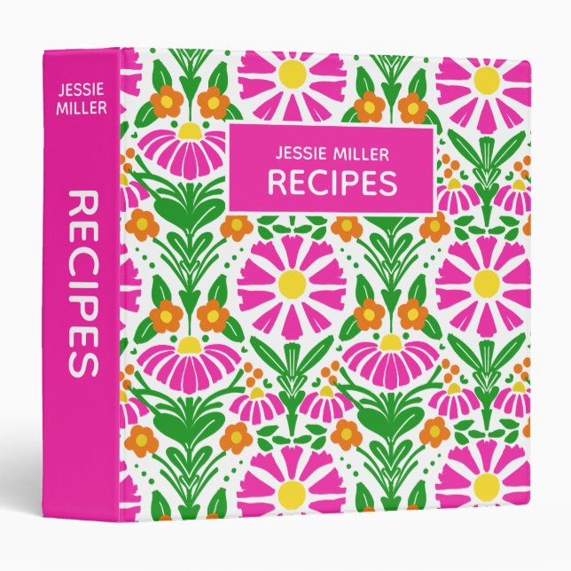 Bright Magenta Orange Green Floral Pattern Custom 3 Ring Binder (Front/Spine)