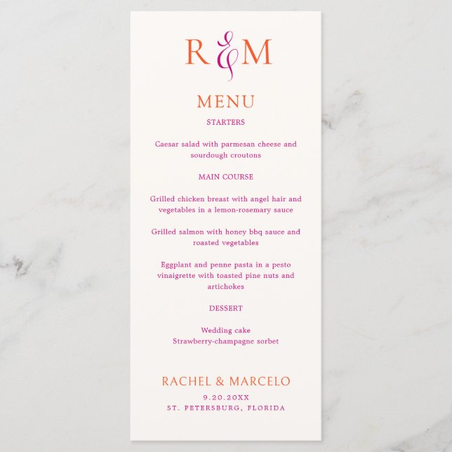 Bright Magenta Orange Simple Monogram Wedding Menu (Front)